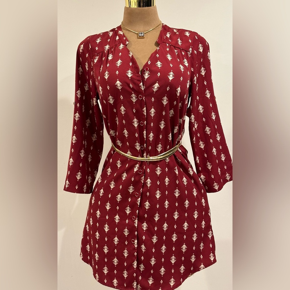 41 Hawthorn Red White Long Sleeves Button Down Geometric Design Shirt Dress Sz S